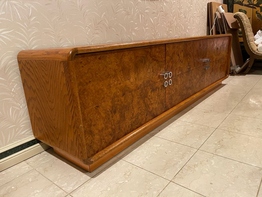 Rare Lou Hodges For California Design Group Oak Credenza With Burled Walnut Front, Chrome Hardware And Copper Base 84W X 18D X 23H (Client Purchased Lou Hodges Personal Home) [Photo 6]