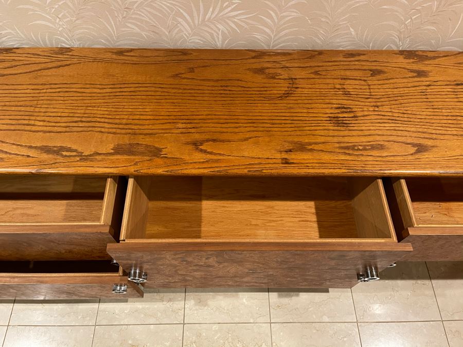 Rare Lou Hodges For California Design Group Oak Credenza With Burled Walnut Front, Chrome Hardware And Copper Base 84W X 18D X 23H (Client Purchased Lou Hodges Personal Home) [Photo 13]