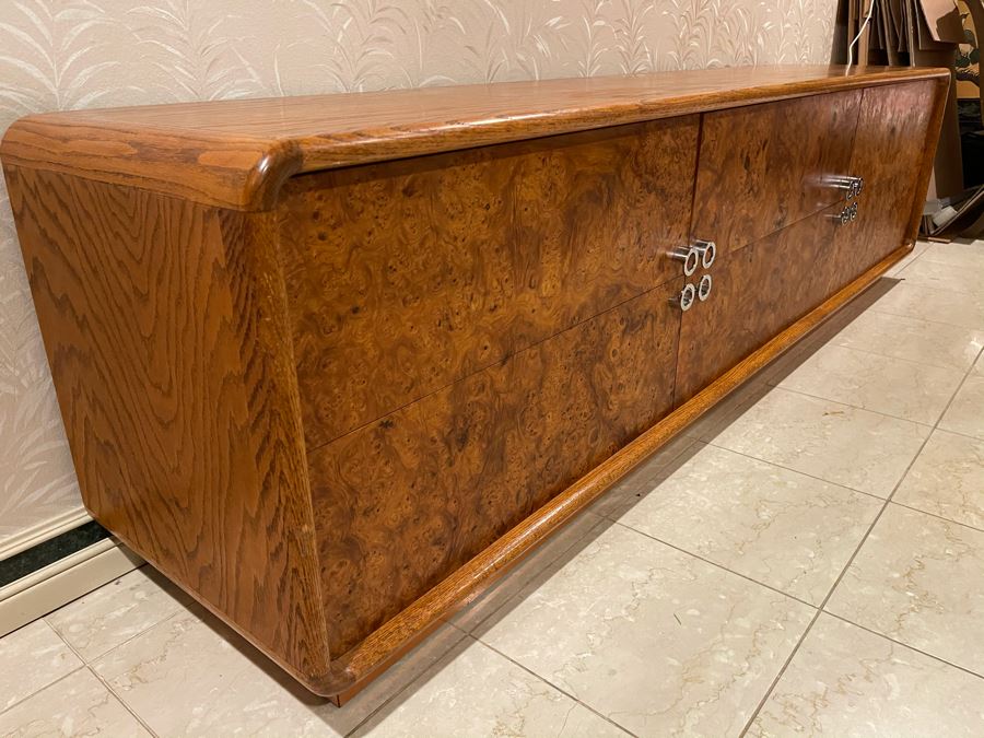 Rare Lou Hodges For California Design Group Oak Credenza With Burled Walnut Front, Chrome Hardware And Copper Base 84W X 18D X 23H (Client Purchased Lou Hodges Personal Home) [Photo 9]