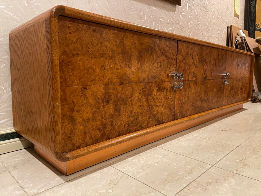 Rare Lou Hodges For California Design Group Oak Credenza With Burled Walnut Front, Chrome Hardware And Copper Base 84W X 18D X 23H (Client Purchased Lou Hodges Personal Home) [Photo 22]