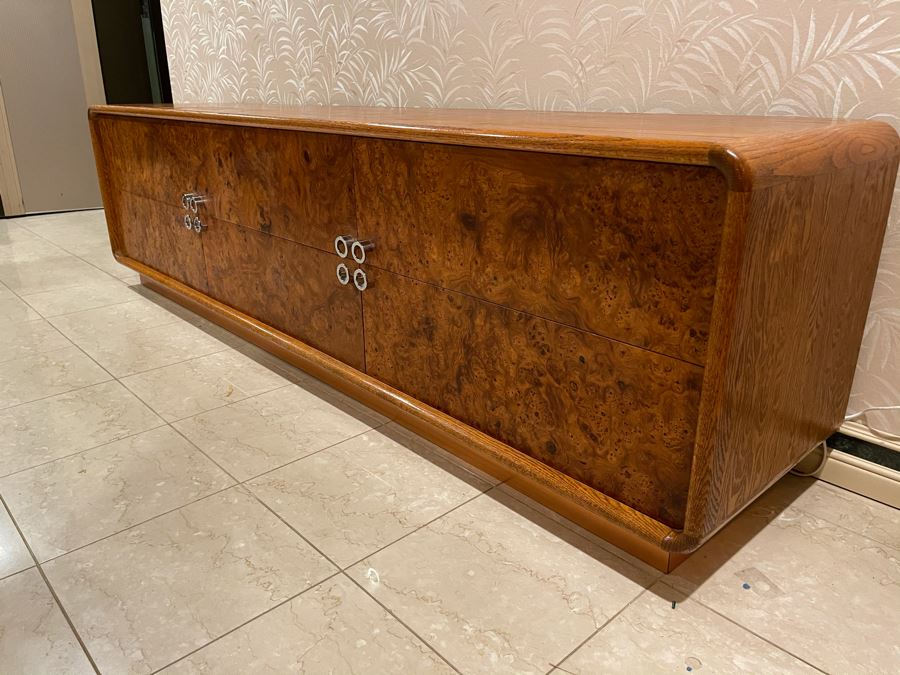 Rare Lou Hodges For California Design Group Oak Credenza With Burled Walnut Front, Chrome Hardware And Copper Base 84W X 18D X 23H (Client Purchased Lou Hodges Personal Home) [Photo 3]