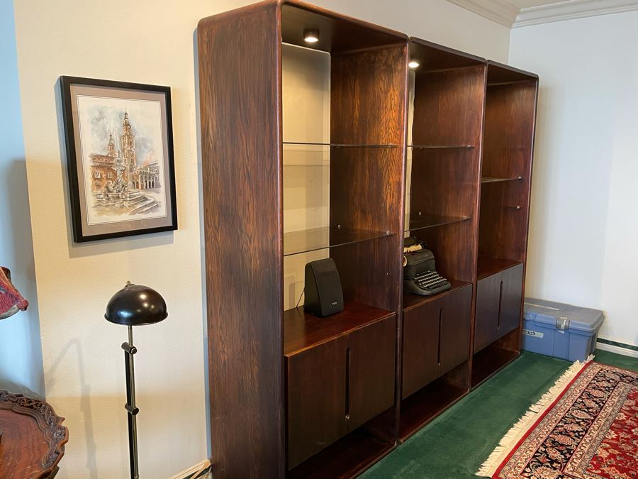 Lou Hodges For California Design Group Vintage 1977 Stained Oak 3-Piece Bookcase Wall Unit Cabinet 94W X 18D X 77H [Photo 2]