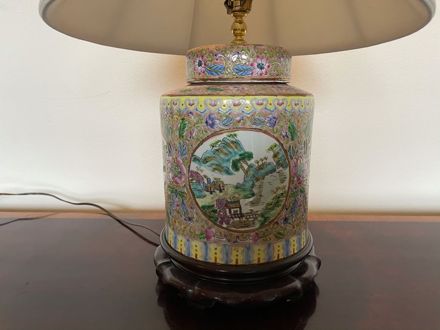 Vintage Chinese Porcelain Famille Rose Table Lamp With Shade 9W X 27H [Photo 4]