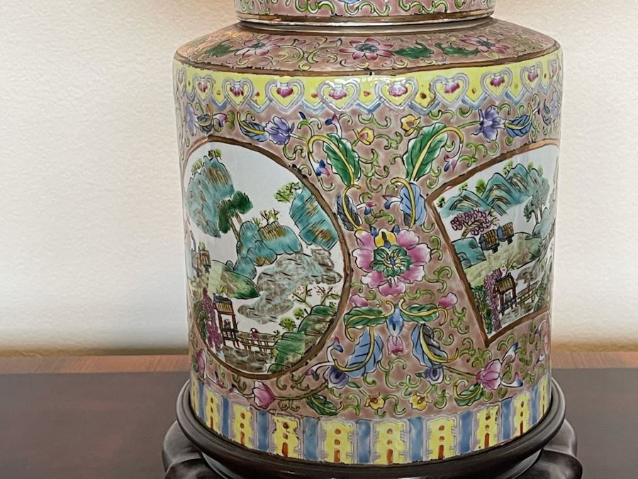 Vintage Chinese Porcelain Famille Rose Table Lamp With Shade 9W X 27H [Photo 9]