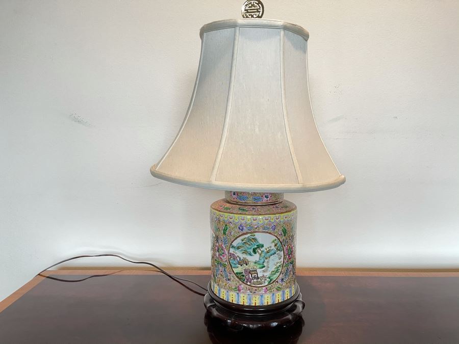 Vintage Chinese Porcelain Famille Rose Table Lamp With Shade 9W X 27H [Photo 3]