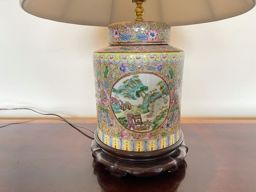Vintage Chinese Porcelain Famille Rose Table Lamp With Shade 9W X 27H [Photo 1]