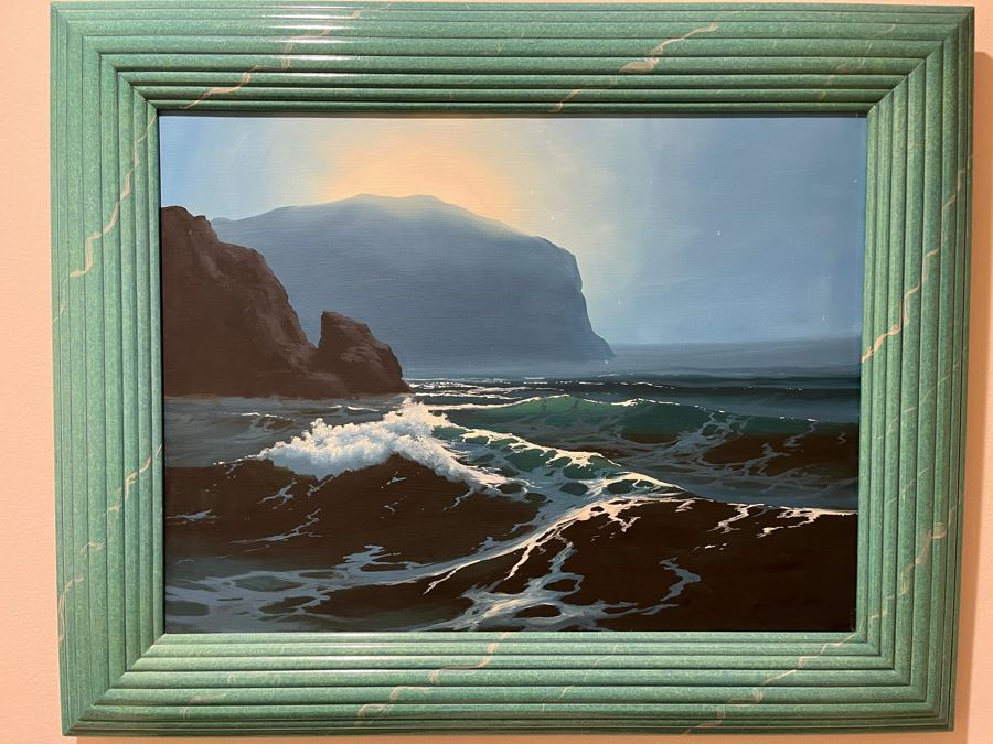 Stunning Original Ocean Seascape Oil Painting 24 X 18 With Hand Painted Frame Unsigned [Photo 3]
