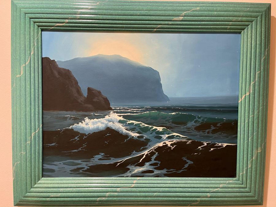 Stunning Original Ocean Seascape Oil Painting 24 X 18 With Hand Painted Frame Unsigned [Photo 2]