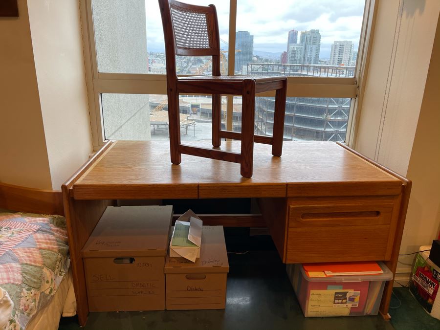 Lou Hodges For California Design Group Stained Oak Desk With Lou Hodges Desk Chair 66W X 32D X 29H [Photo 3]