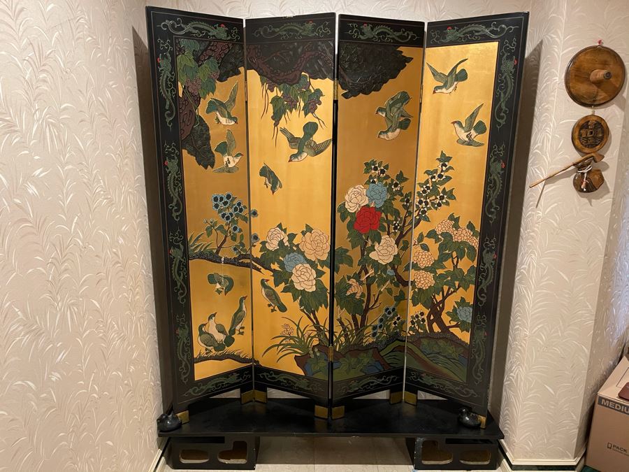 Vintage Japanese 4-Panel Double Sided Screen With Lower Display Base And Metal Birds For Supporting Screens [Photo 12]