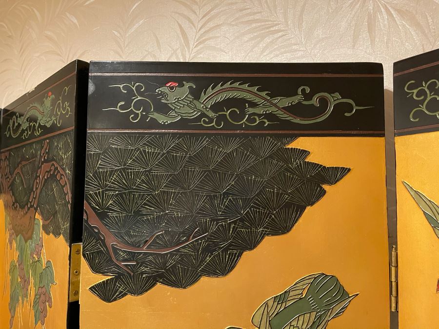 Vintage Japanese 4-Panel Double Sided Screen With Lower Display Base And Metal Birds For Supporting Screens [Photo 7]