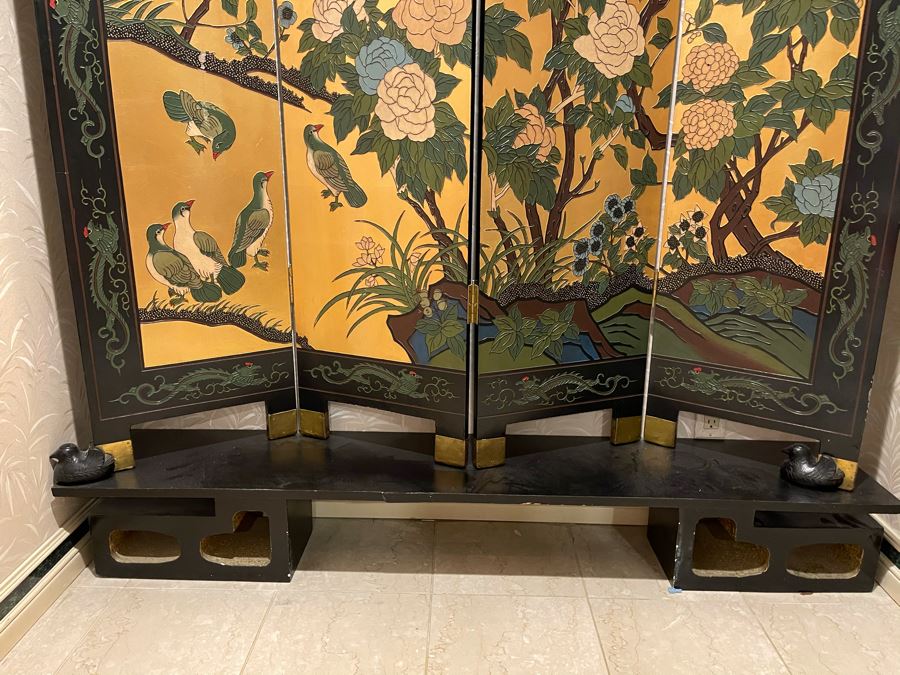 Vintage Japanese 4-Panel Double Sided Screen With Lower Display Base And Metal Birds For Supporting Screens [Photo 10]