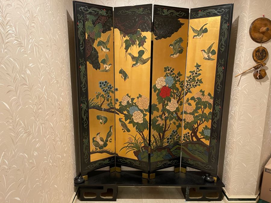 Vintage Japanese 4-Panel Double Sided Screen With Lower Display Base And Metal Birds For Supporting Screens [Photo 3]