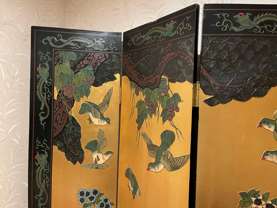 Vintage Japanese 4-Panel Double Sided Screen With Lower Display Base And Metal Birds For Supporting Screens [Photo 13]