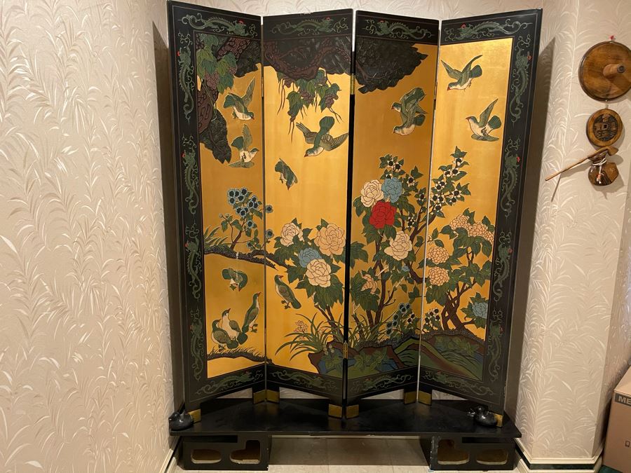 Vintage Japanese 4-Panel Double Sided Screen With Lower Display Base And Metal Birds For Supporting Screens [Photo 1]