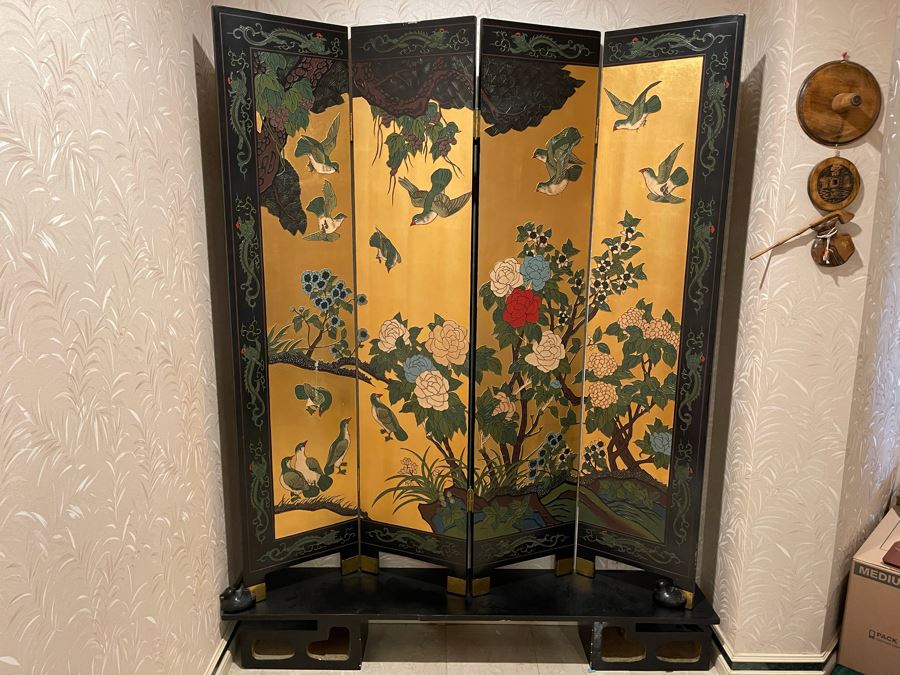 Vintage Japanese 4-Panel Double Sided Screen With Lower Display Base And Metal Birds For Supporting Screens [Photo 11]