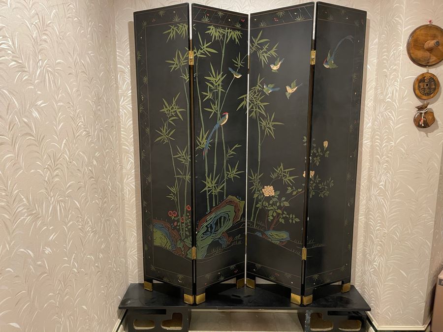 Vintage Japanese 4-Panel Double Sided Screen With Lower Display Base And Metal Birds For Supporting Screens [Photo 2]