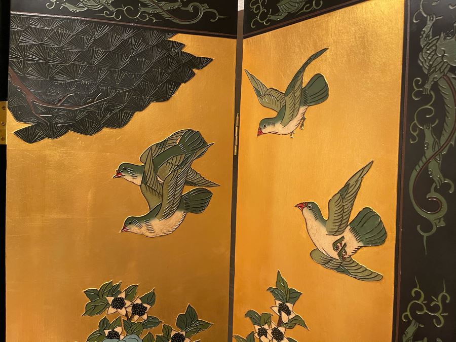 Vintage Japanese 4-Panel Double Sided Screen With Lower Display Base And Metal Birds For Supporting Screens [Photo 6]