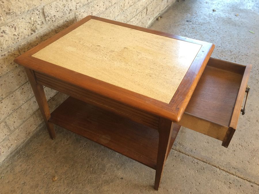 2-Tier Mid Century Wooden Side Table with Travertine Top and Drawer [Photo 3]