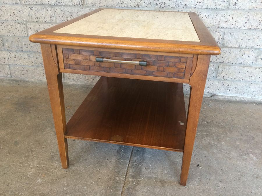 2-Tier Mid Century Wooden Side Table with Travertine Top and Drawer