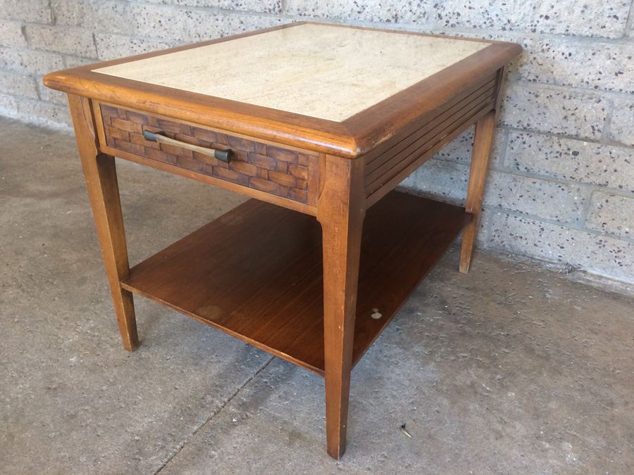 2-Tier Mid Century Wooden Side Table with Travertine Top and Drawer [Photo 4]