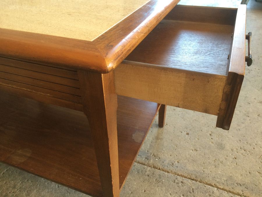 2-Tier Mid Century Wooden Side Table with Travertine Top and Drawer [Photo 2]