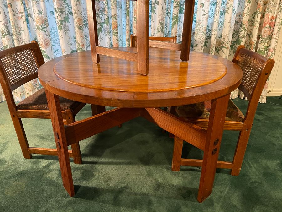 Lou Hodges For California Design Group Handcrafted Butcher Block Top Round Oak Table With Four Chairs 49W X 29H [Photo 6]