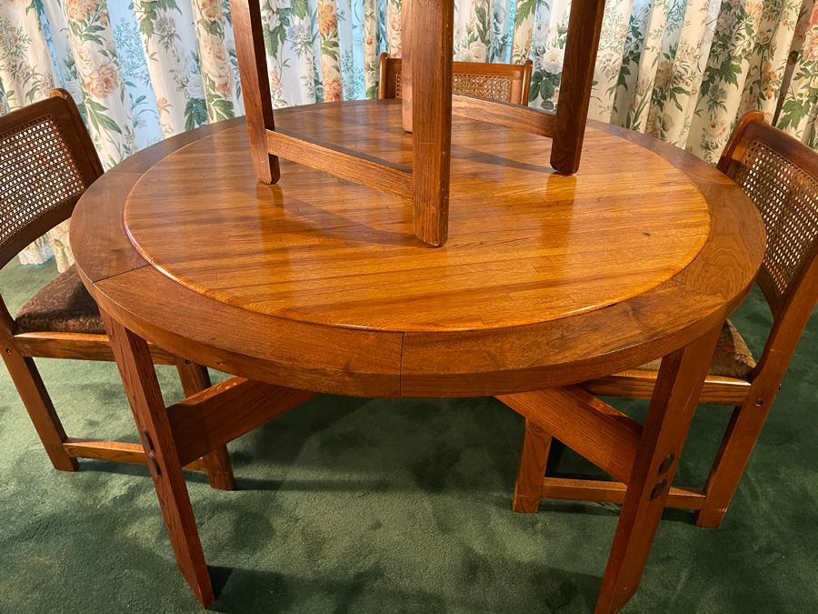 Lou Hodges For California Design Group Handcrafted Butcher Block Top Round Oak Table With Four Chairs 49W X 29H [Photo 13]
