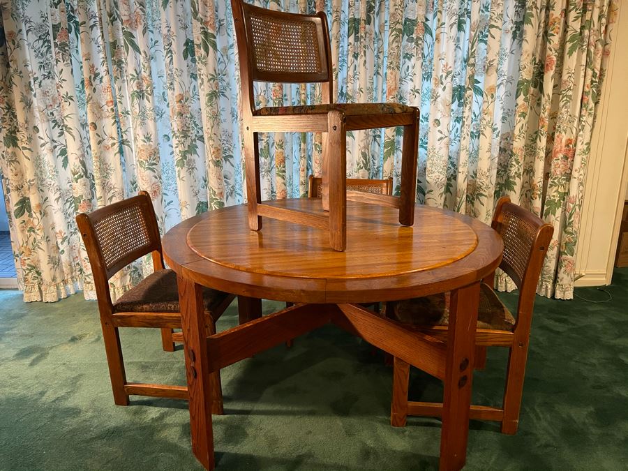 Lou Hodges For California Design Group Handcrafted Butcher Block Top Round Oak Table With Four Chairs 49W X 29H [Photo 11]