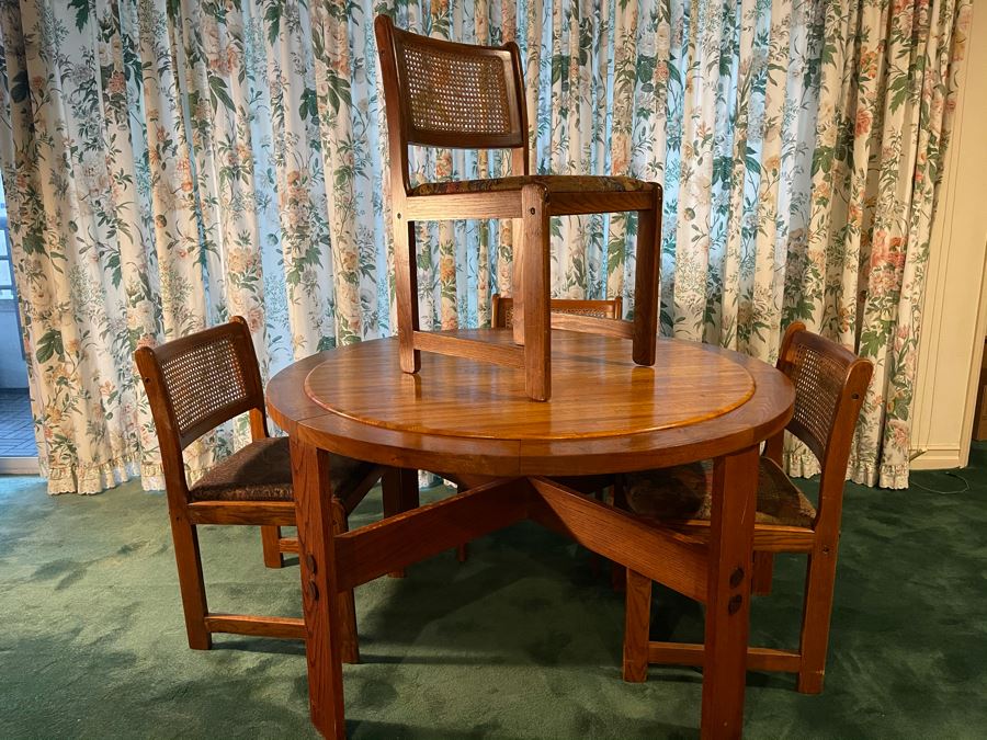 Lou Hodges For California Design Group Handcrafted Butcher Block Top Round Oak Table With Four Chairs 49W X 29H [Photo 10]