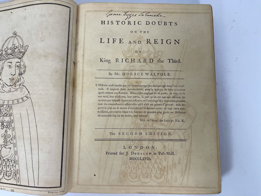 JUST ADDED - Antique 1768 Second Edition Book Historic Doubts On The Life And Reign Of King Richard The Third By Mr. Horace Walpole (Front Book Cover Is Loose) [Photo 6]