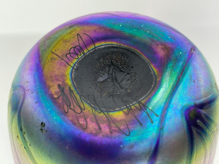JUST ADDED - Signed Iridescent Art Glass Vase 6H [Photo 6]