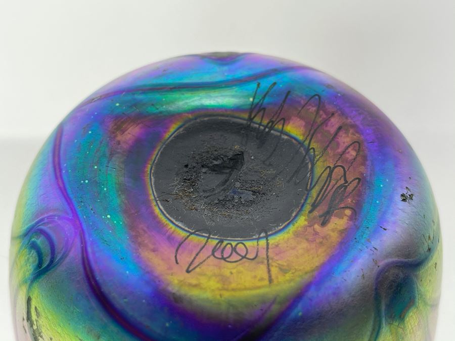 JUST ADDED - Signed Iridescent Art Glass Vase 6H [Photo 5]