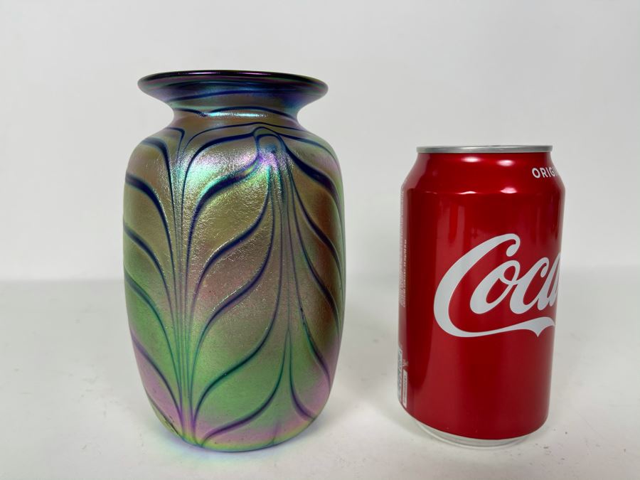 JUST ADDED - Signed Iridescent Art Glass Vase 6H [Photo 9]