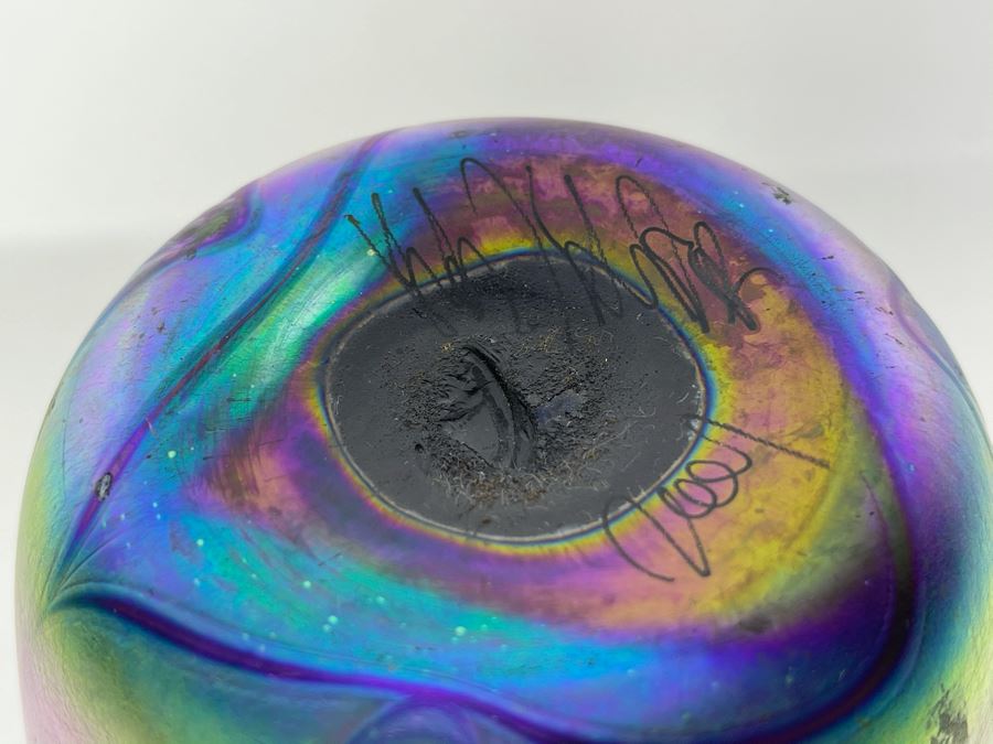 JUST ADDED - Signed Iridescent Art Glass Vase 6H [Photo 7]