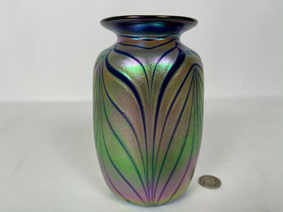 JUST ADDED - Signed Iridescent Art Glass Vase 6H