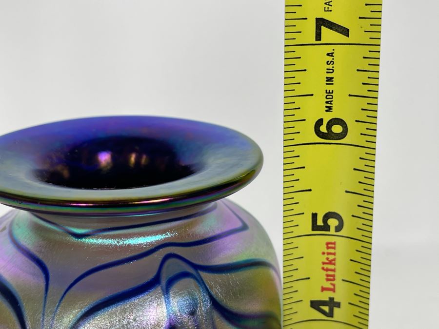 JUST ADDED - Signed Iridescent Art Glass Vase 6H [Photo 8]