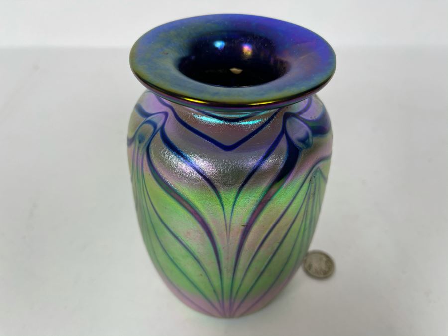 JUST ADDED - Signed Iridescent Art Glass Vase 6H [Photo 3]