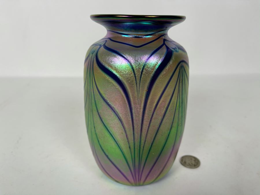 JUST ADDED - Signed Iridescent Art Glass Vase 6H [Photo 2]