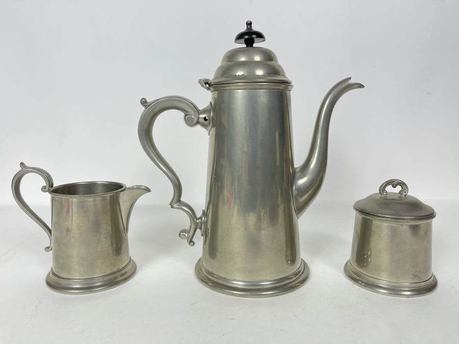 JUST ADDED - Viners Of Sheffield English Pewter Coffee Pot 9H, Creamer And Sugar