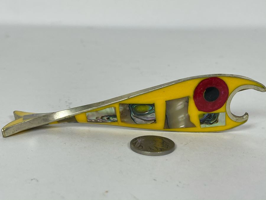 JUST ADDED - Mid-Century Fish Bottle Opener With Inlaid Mother Of Pearl Alpaca Mexico 5W [Photo 4]