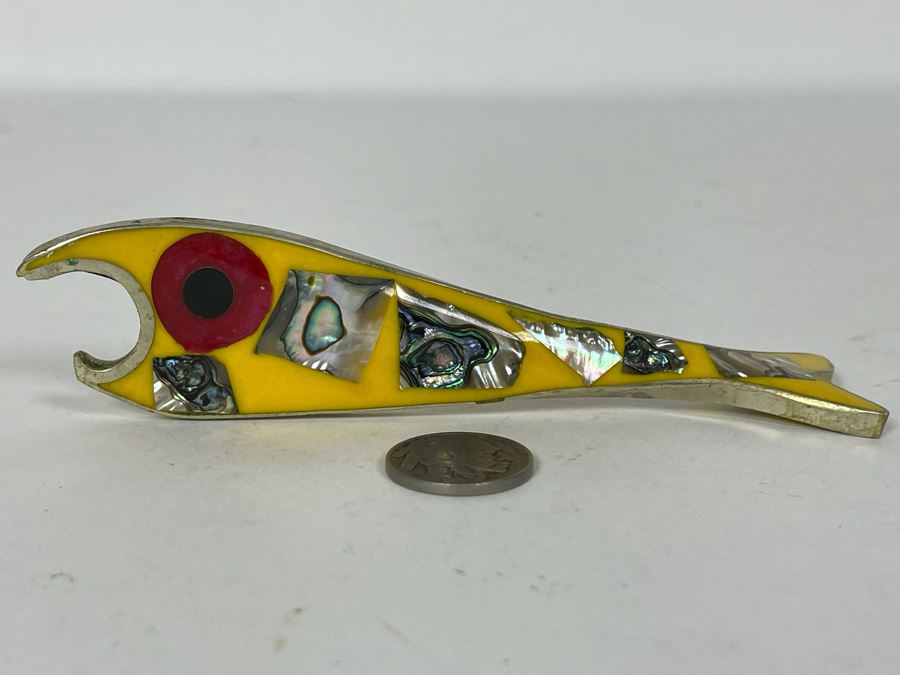JUST ADDED - Mid-Century Fish Bottle Opener With Inlaid Mother Of Pearl Alpaca Mexico 5W [Photo 2]