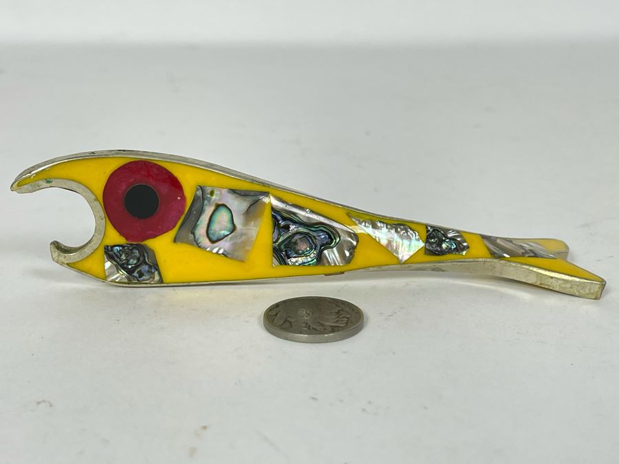 JUST ADDED - Mid-Century Fish Bottle Opener With Inlaid Mother Of Pearl Alpaca Mexico 5W