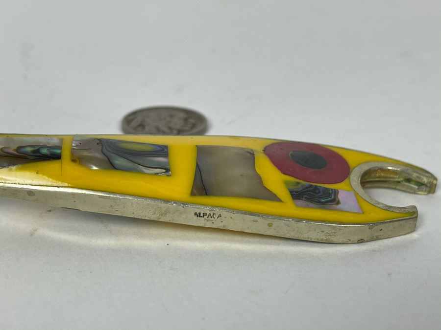 JUST ADDED - Mid-Century Fish Bottle Opener With Inlaid Mother Of Pearl Alpaca Mexico 5W [Photo 5]