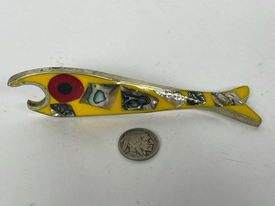 JUST ADDED - Mid-Century Fish Bottle Opener With Inlaid Mother Of Pearl Alpaca Mexico 5W [Photo 3]