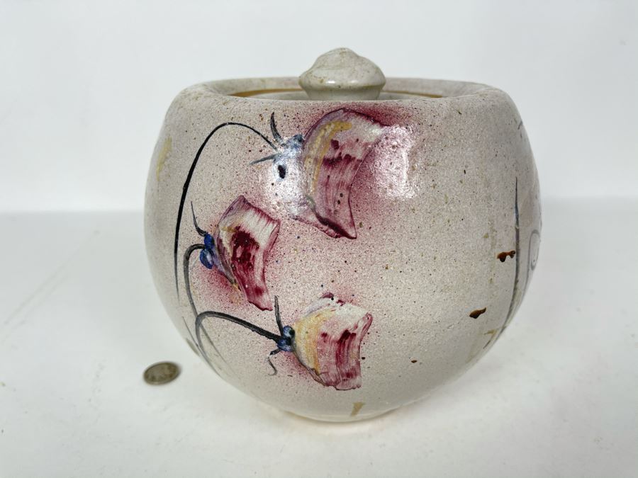 JUST ADDED - Signed Hand Painted Stoneware Pottery Jar With Lid 8W X 7H [Photo 3]