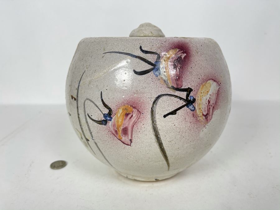 JUST ADDED - Signed Hand Painted Stoneware Pottery Jar With Lid 8W X 7H