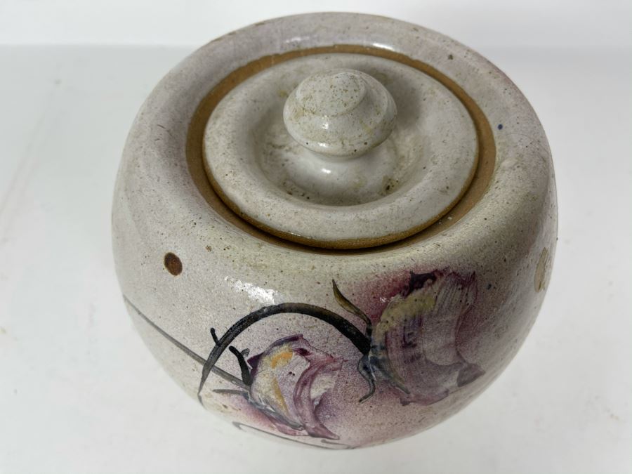 JUST ADDED - Signed Hand Painted Stoneware Pottery Jar With Lid 8W X 7H [Photo 6]