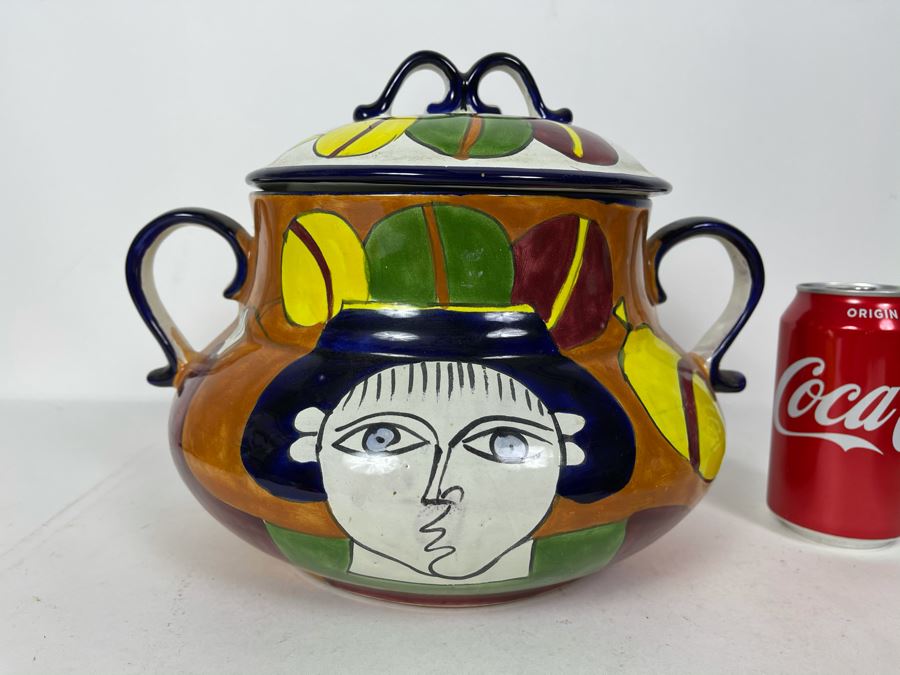 JUST ADDED - Hand Painted Mexican Pottery Pot With Lid 12W X 9H
