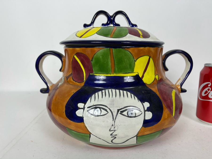 JUST ADDED - Hand Painted Mexican Pottery Pot With Lid 12W X 9H [Photo 4]